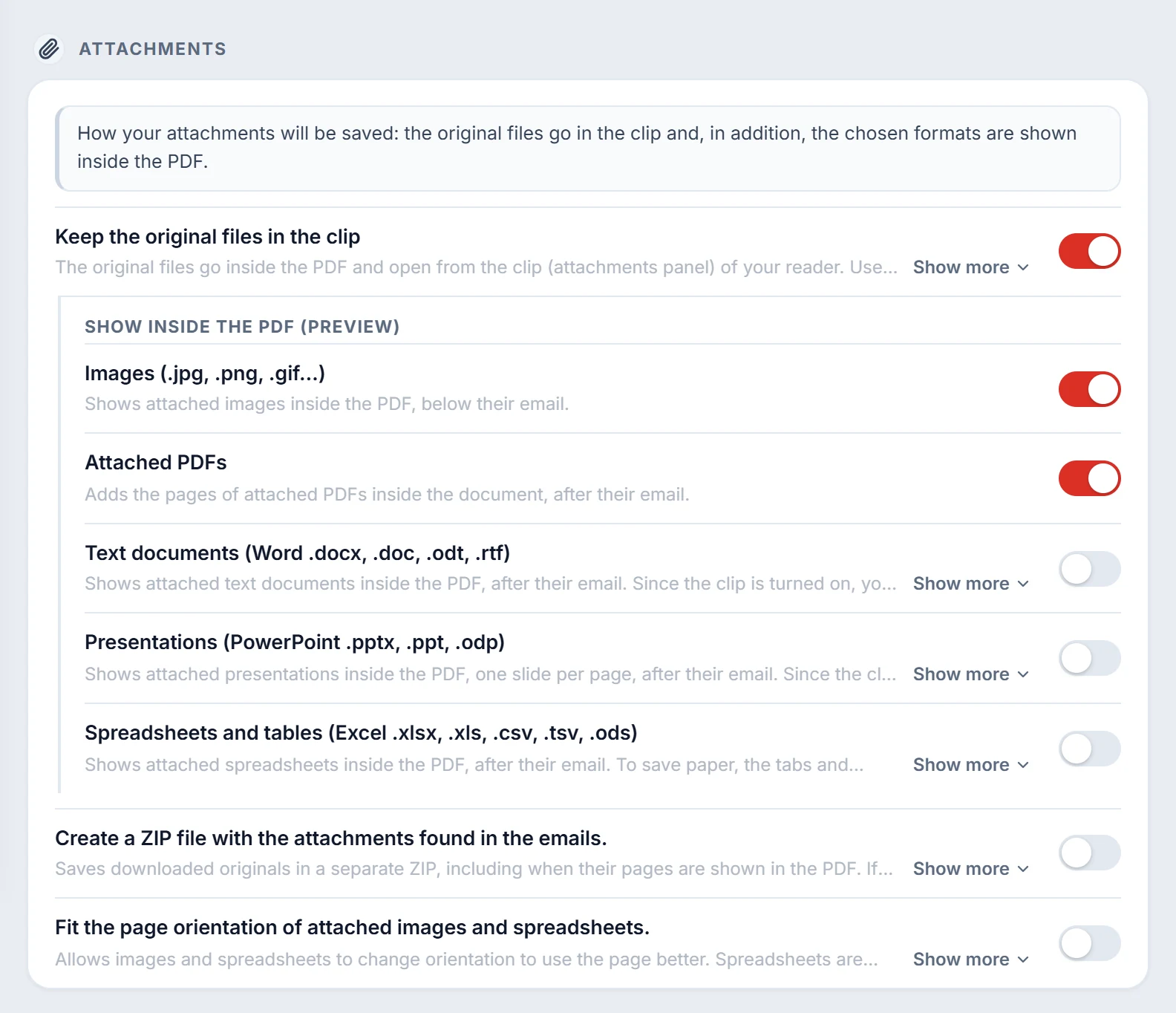 The extension's Settings, Attachments section: a summary of how attachments will be saved, a switch to keep the original files in the PDF clip, one switch for each attachment type (images, PDFs, Word, PowerPoint and Excel), and the separate ZIP.